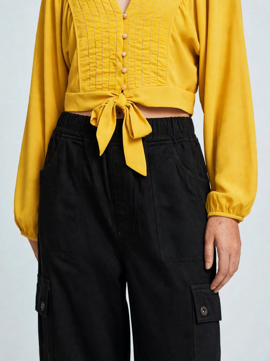 Sage Tie-Front Crop Blouse