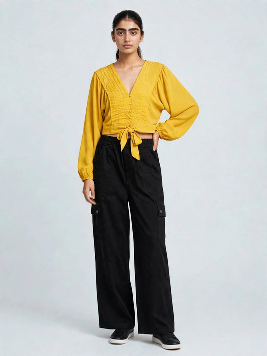 Sage Tie-Front Crop Blouse