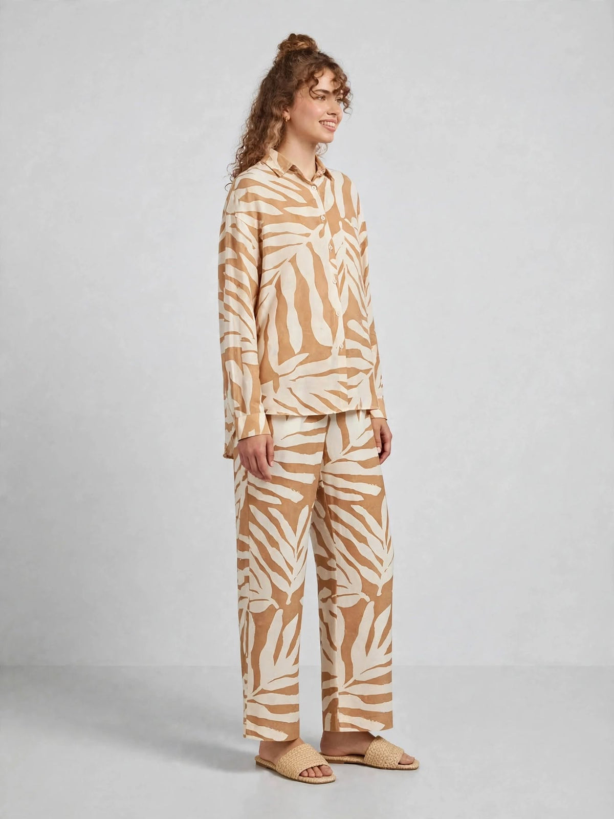 Tropical Leaf Printed Button-Down Shirt