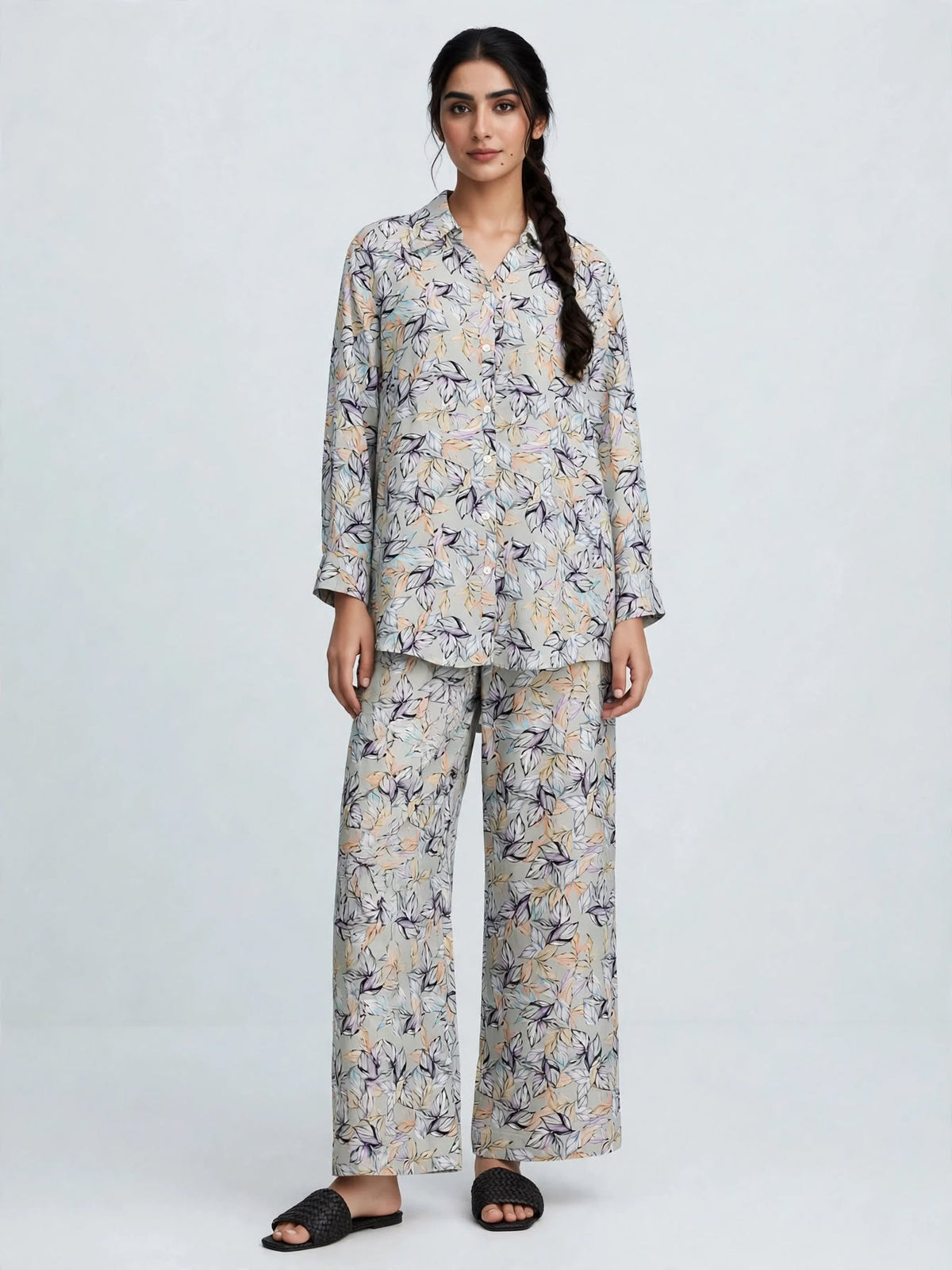 Botanical Leaf Printed Button-Down Shirt