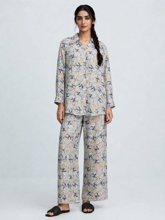 Botanical Leaf Printed Button-Down Shirt