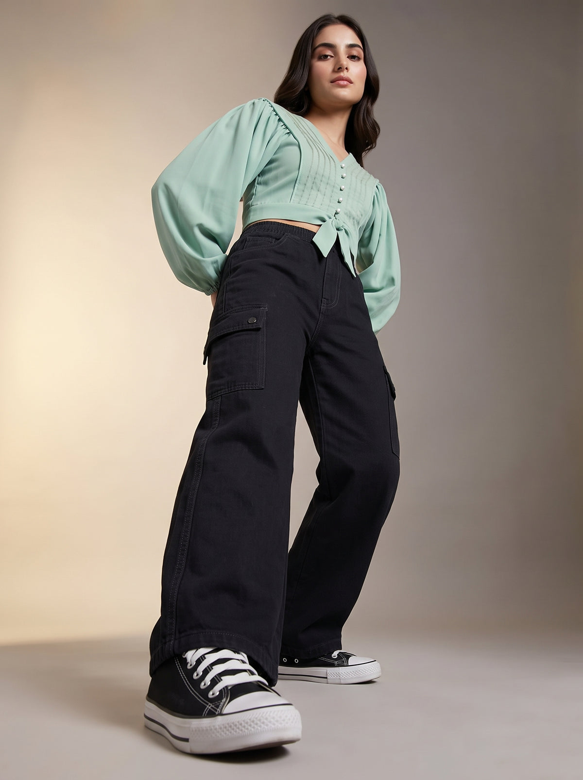Sage Green Pintuck Tie-Front Crop Blouse