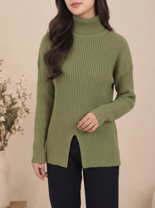 Ribbed Turtleneck Knit Sweater with Front Slit