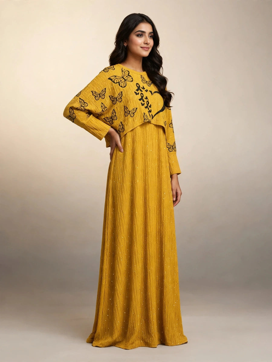 Mustard Butterfly Maxi Dress Set