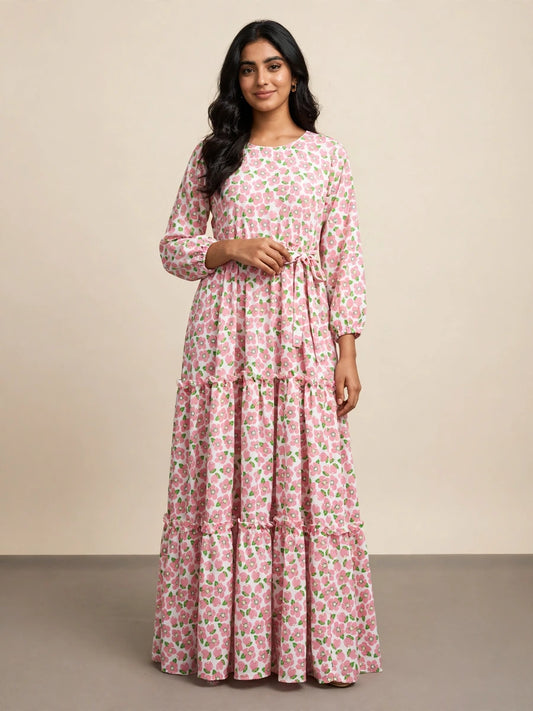 Pink Floral Tiered Maxi Dress