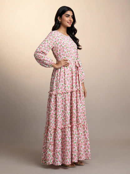 Pink Floral Tiered Maxi Dress
