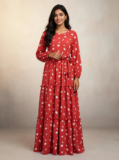 Red Floral Tiered Maxi Dress