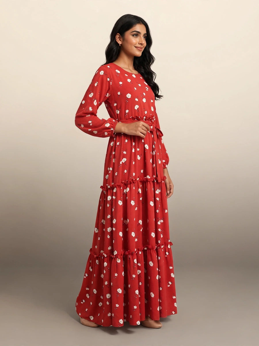 Red Floral Tiered Maxi Dress