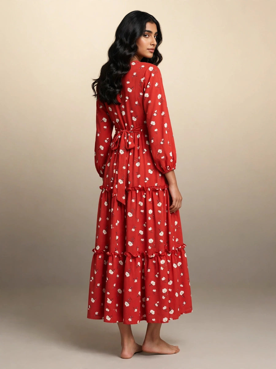 Red Floral Tiered Maxi Dress