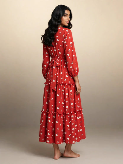 Red Floral Tiered Maxi Dress