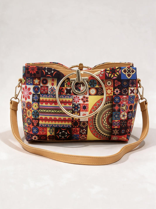 Ethnic Printed Ring Handle Handbag