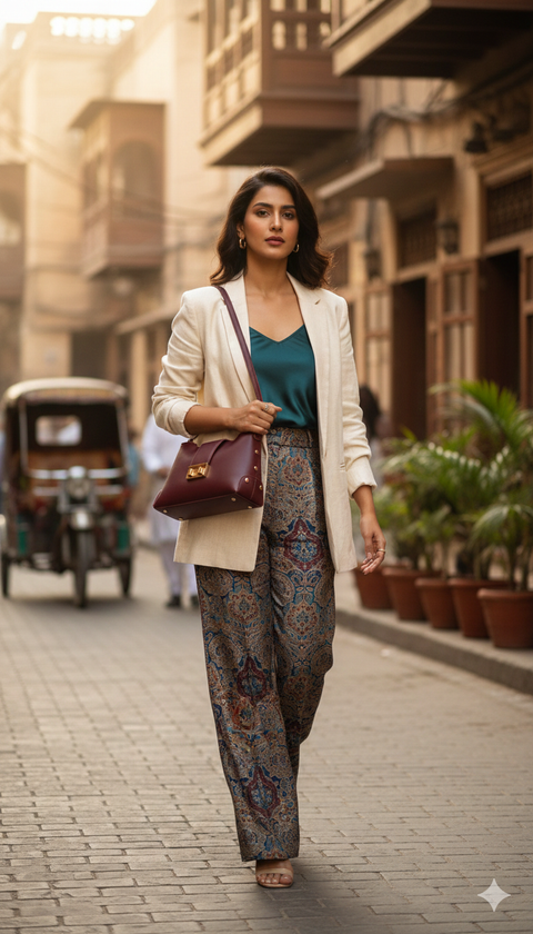 Woman walking down a street in an urban setting, wearing a white cardigan, teal top, and patterned pants.