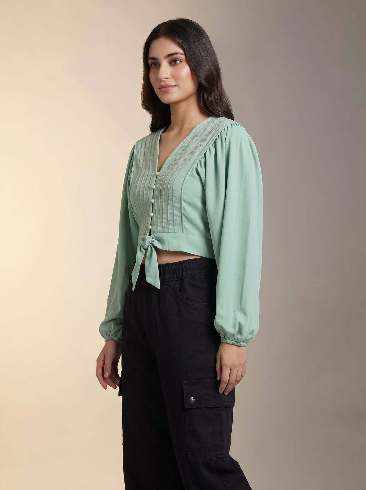 Sage Green Pintuck Tie-Front Crop Blouse