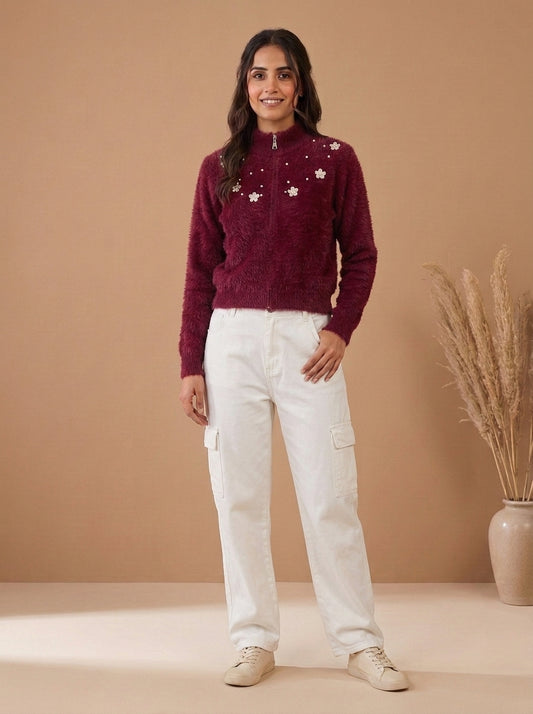 Pearl & Floral Embellished Fuzzy Knit Zip-Up Sweater