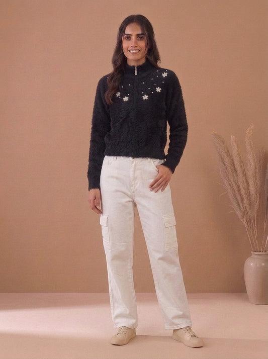 Pearl & Floral Embellished Fuzzy Knit Zip-Up Sweater