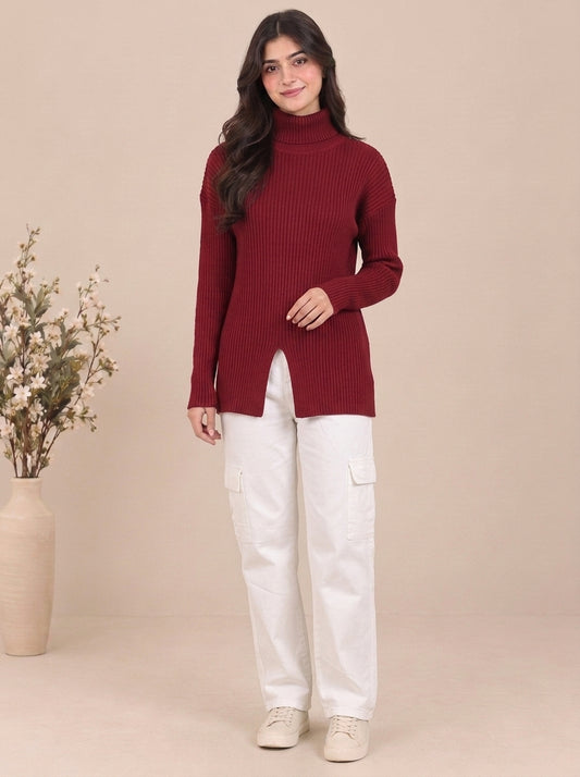 Ribbed Turtleneck Knit Sweater with Front Slit
