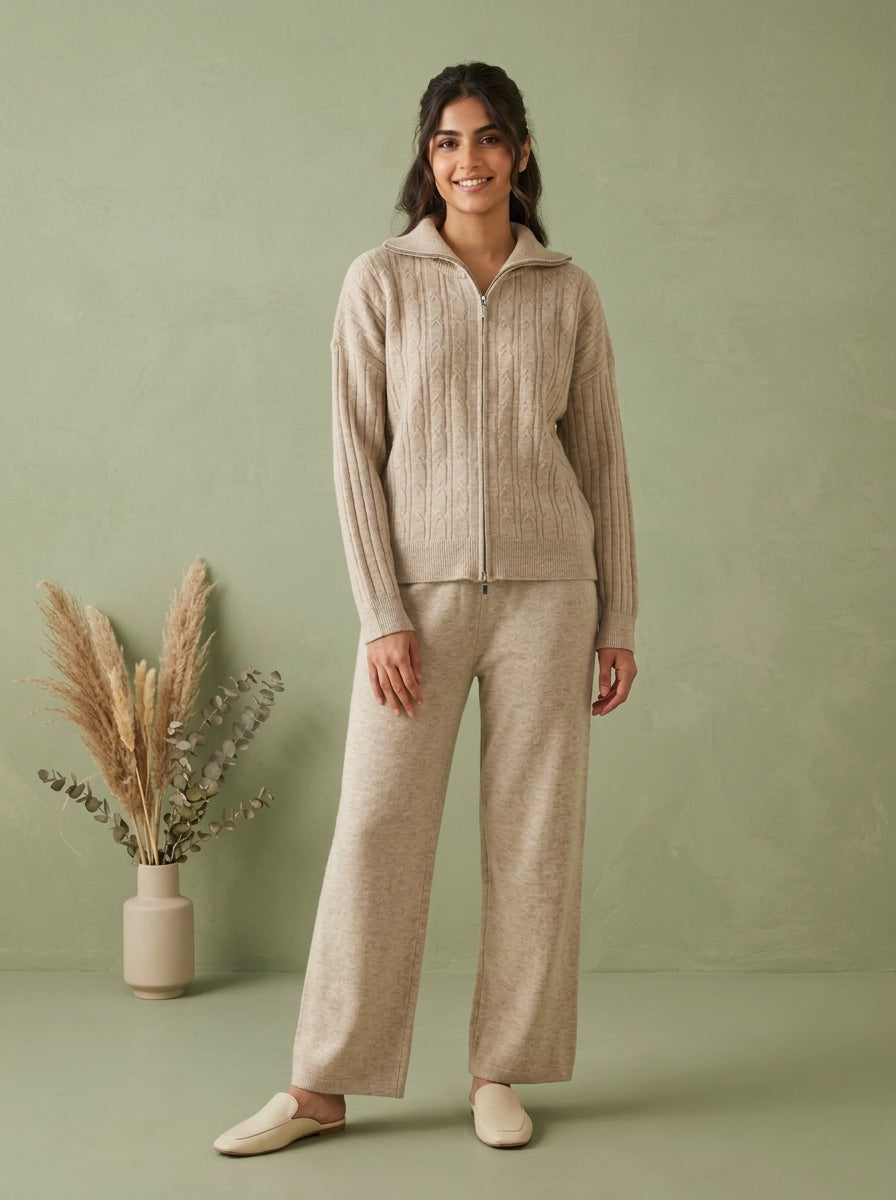 Full-Zip Cable-Knit Jacket & Wide-Leg Trouser 2-Piece Co-ord Set